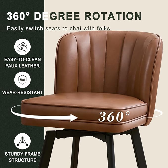Swivel Counter Height Bar Stools Set of 2, 26'' Modern Barstools with Backs and Metal Legs, Upholstered Bar Chairs, Faux Leather Dark Brown Stools for Kitchen Island Chairs