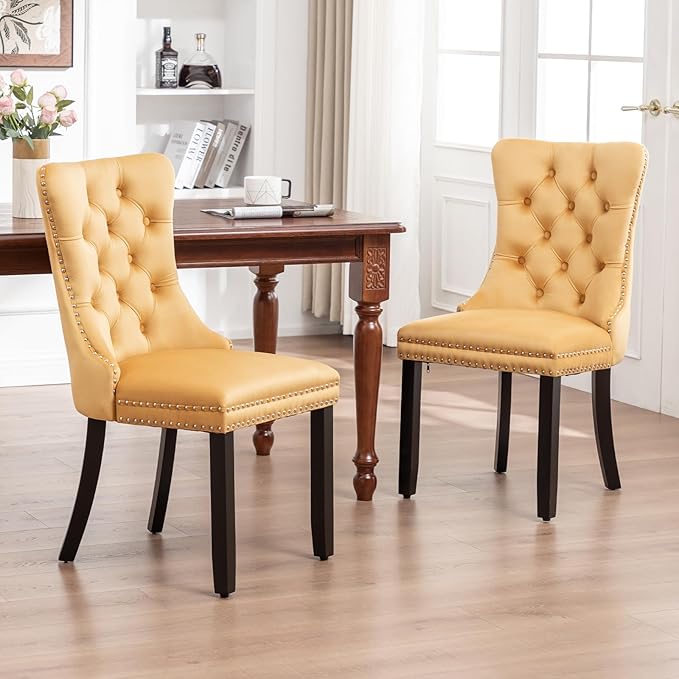 Velvet Dining Chairs Set of 4, Upholstered Dining Room Chairs with Nailhead Ring Pull Trim, Button Tufted Wing Back Chairs for Dining with Solid Wood Legs for Kitchen Dining Room(Gold)