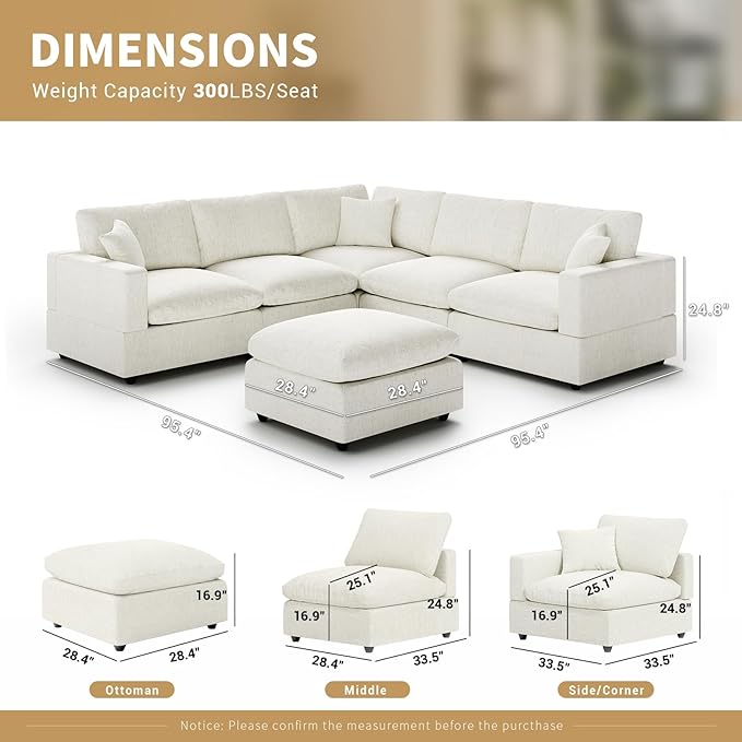 Modern Sectional Linen Couch for Living Room V-Shape Sofas,6 Seat Modular Cloud Sofas with Ottoman,Couches Cushion Covers Removable,Cozy Feather Down Sofa for Apartment Cream White