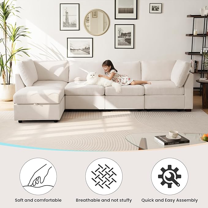 TEKAMON 123" Modular Sectional Sofa,Extra Large Comfy Cloud 4-Seat Deep Seat, Reversible Chaise Modular Sectional Couches for Living Room and Apartmenr,Beige
