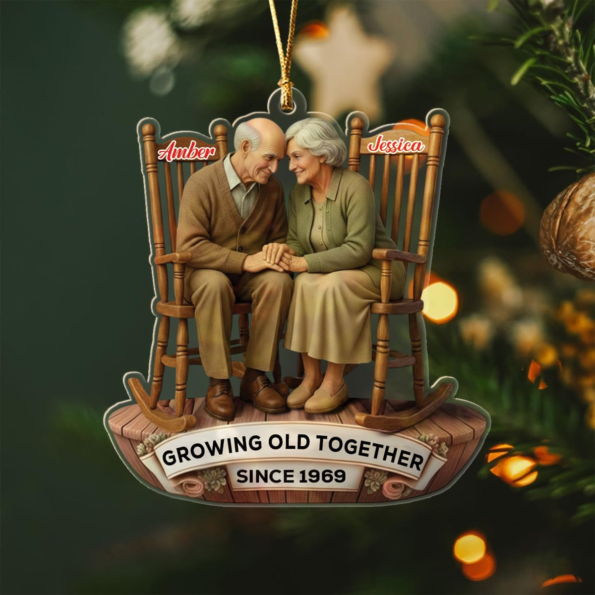 Custom Old Couple Sitting On Rocking Chairs Growing Old Together Since Christmas Ornament 2025, Personalized Year & Names Mr & Mrs Ornament Gift for Grandparents Grandpa Grandma/Husband Wife Dad Mom