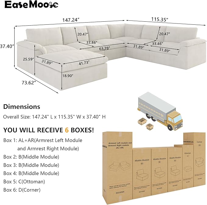 EASE MOOSE Oversized Sectional Cloud Couch-7-Seat, U-Shaped Deep-Seat Modular Boneless Sofa, No-Assembly Chenille Sofa for Living Room, White