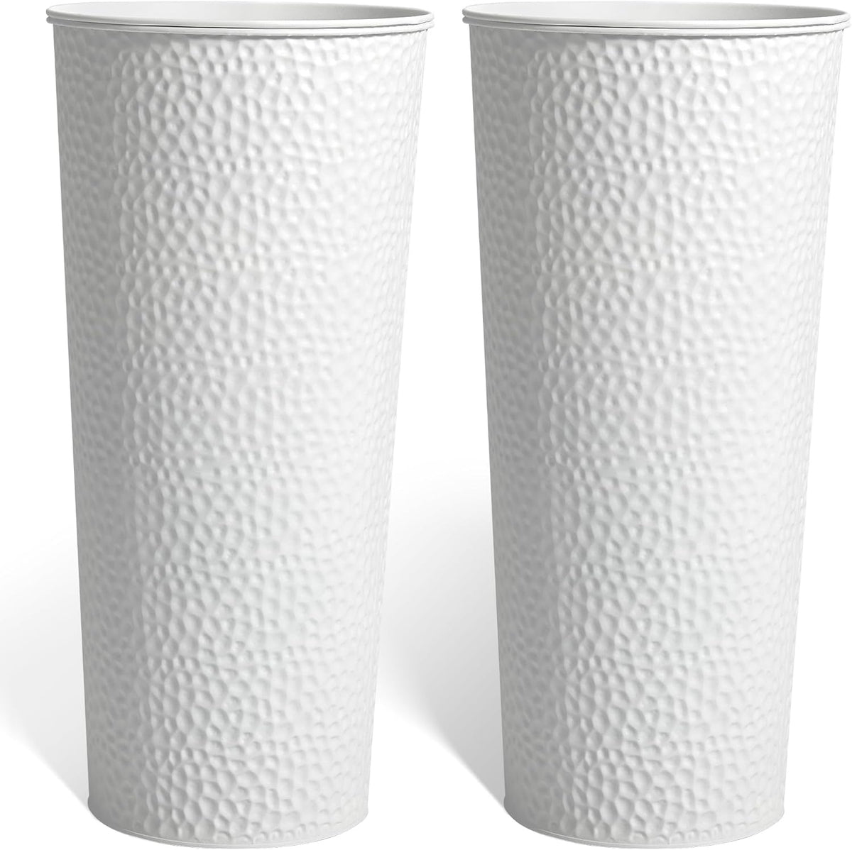 KOL 28" H. Tall Metal Cone Planters with Inner Pots 2-Pack, White Hand-Hammered Large Decor Planter for Deck, Patio, Porch - Handcrafted Flower Pot - with Water Level Indicator - Indoor Outdoor Use