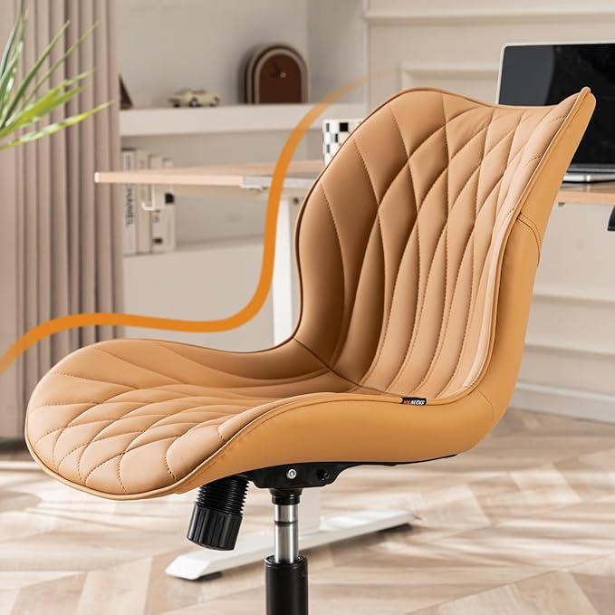 YOUNUOKE Armless Desk Chair Comfy Office Chair with Wheels Home Ergonomic Task Chair Adjustable Computer Chairs Modern Faux Leather Swivel Chair Upholstered Makeup Vanity Chair with Back(Camel)