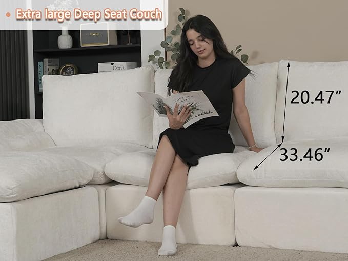 EASE MOOSE Boneless Modular Cloud Couch, Oversized L-Shaped Sectional Sofa for Living Room with Ottoman, Extra Large Movable Couches, 6-Deep-Seat Sofas for Bedroom, Apartment, Chenille (White)