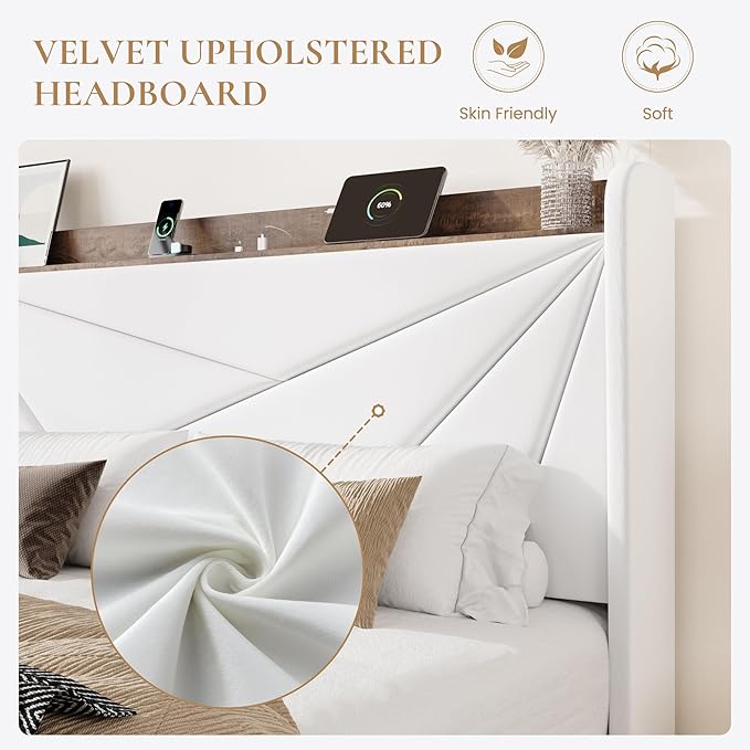 SHA CERLIN King Size Bed Frame with 3 Drawers, USB & Type-C Charging Ports, Velvet Upholstered Platform Bed with Modern Geometric Wingback Storage Headboard, No Box Spring Needed, Easy Assembly, White