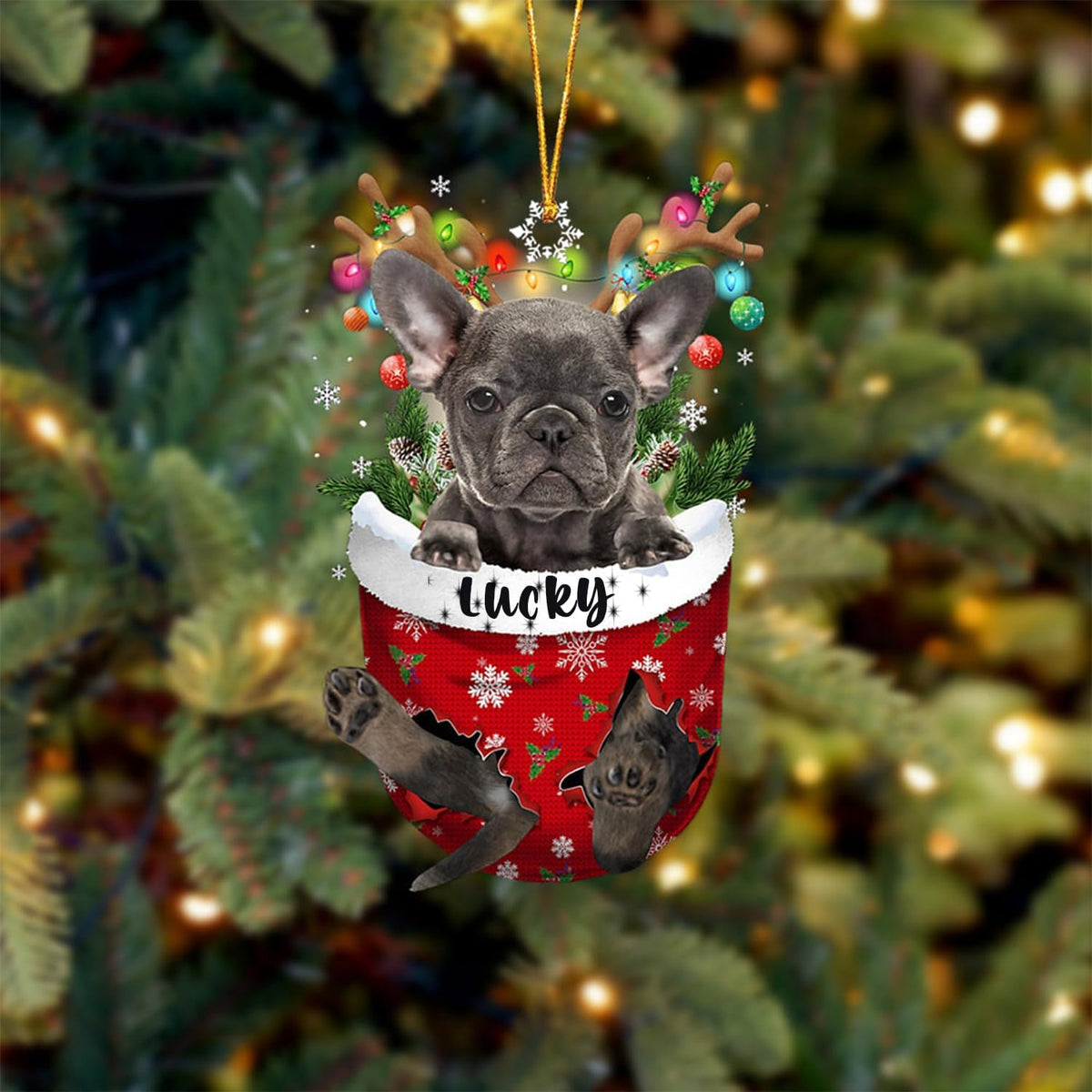 Grey French Bulldog Dog Christmas Ornament, Grey French Bulldog in Snow Pocket Christmas Tree Ornament, Dog Lovers Gift Idea Xmas Decor, Decorations for Tree, Christmas Ornament Gift for Dog Lovers