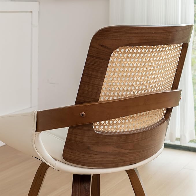 Set of 1 Swivel Rattan Dining Chair - Mid Century Modern Dining Chair with Bentwood Frame, Ergonomic Cane Back, Curved Arms, Faux Leather Swivel Chair for Kitchen/Restaurant (Walnut Beige, Set of 1)