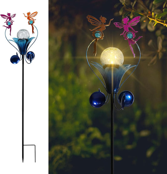 VCUTEKA Solar Lights Outdoor Metal Garden Stake Waterproof Crackle Glass Globe Garden Decor Fairy for Pathway, Lawn, Patio, Yard