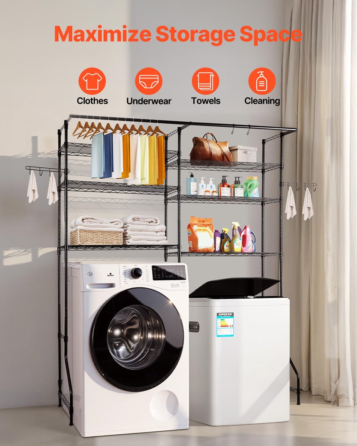 VEVOR Over The Washer and Dryer Storage Shelf, 6 Tier Laundry Room Drying Rack with Hanger Rod and Hooks, Adjustable Over Washer and Dryer Shelves, Laundry Room Shelf Storage Space Saver, Black