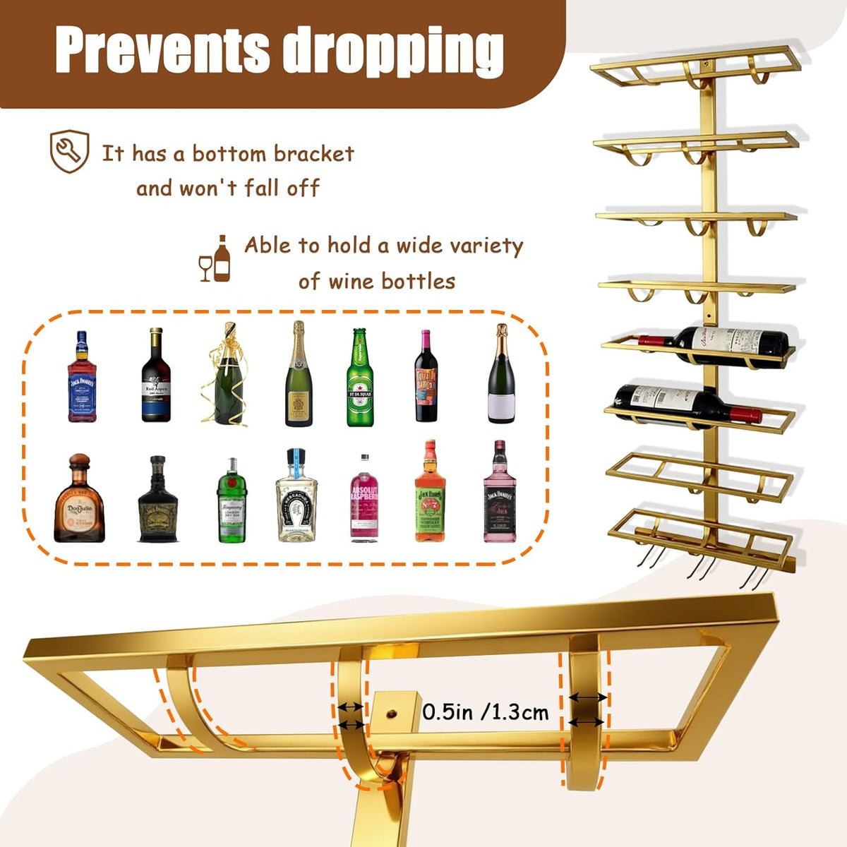 8 Bottle Wall Mount Wine Rack with Wine Glass Holder, Metal Wine Wall Rack, Wall Racks for Wine Bottles Display and Storage, Hanging Bottle Organizer for Living Dining Room Wine Cellar Bar (Gold)