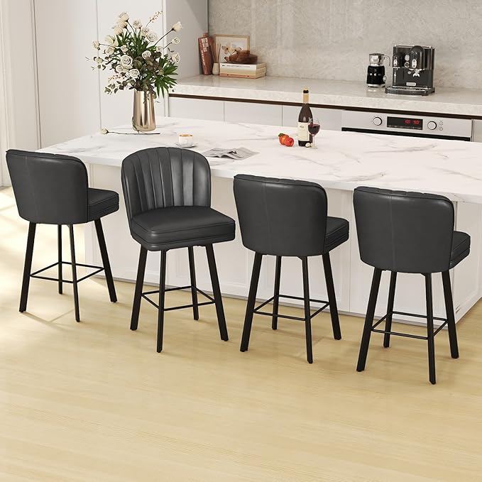 Swivel Counter Height Bar Stools Set of 3, 26'' Modern Barstools with Backs and Metal Legs, Upholstered Bar Chairs, Faux Leather Black Stools for Kitchen Island Chairs