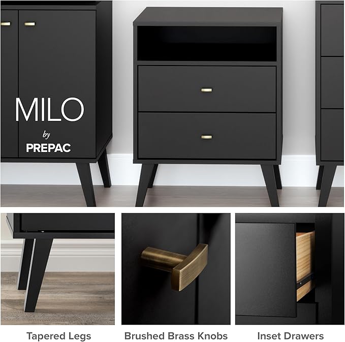 Prepac Milo Mid-Century Modern 2 Drawer Nightstand, Bedside Table, Contemporary Bedroom Furniture, 16"D x 25"W x 25"H, Black