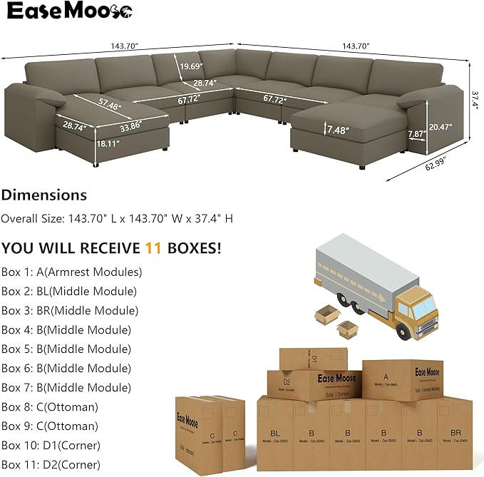 EASE MOOSE Oversized U Shaped Couch,Modular Sectional Convertible Sofa with Wide Deep,Extra Large Faux Leather Scratch Resistant Modern Couch for Big Spaces Living Room,Light Grey