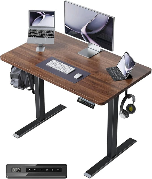FEZIBO One-Piece Standing Desk Adjustable Height Stand up Home Office Desk, 40x24 Inch Electric Standing Computer Desk, with 4 Memory Presets, Headphone Hook, Black Walnut