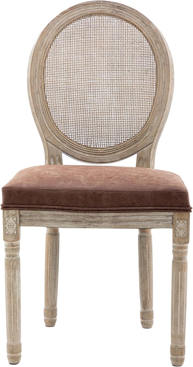 Farmhouse Leather Dining Room Chairs Set of 4 French Dining Chairs with Round Rattan Back French Bistro Chairs for Dining Room/Living Room/Kitchen/Restaurant, Brown