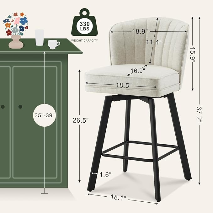 Swivel Counter Height Bar Stools Set of 6, 26'' Modern Barstools with Backs and Metal Legs, Upholstered Bar Chairs, Beige, Fabric Stools for Kitchen Island Chairs