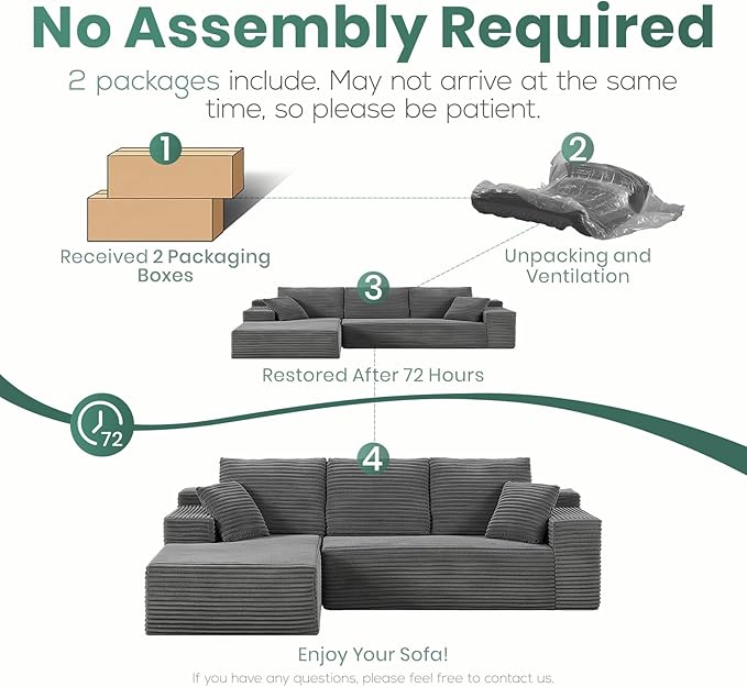 107" Boneless Couches for Living Room, Modular Cloud Sectional Couches L Shaped Sofa with Oversized Chaise Comfy Corduroy Home Sofa (Grey, Left Facing Chaise)