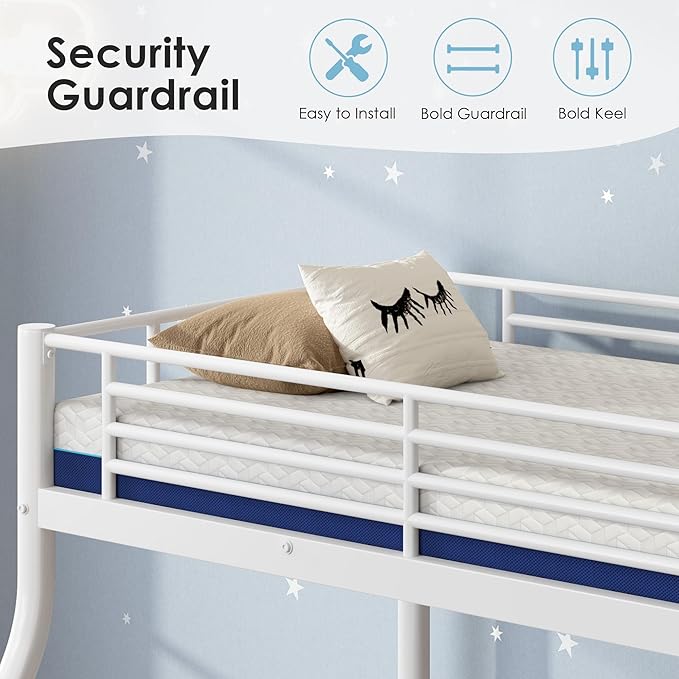 Bunk Beds Twin Over Full Size with 6" Mattresses Included, All-in-One Bunk Bed for Kids/Adults, Heavy Duty Sturdy Frame with Ladder Guardrail, With Memory Foam Mattress, Easy Assembly（White）