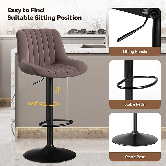 Nalupatio Bar Stools Set of 2, Adjustable Modern Swivel Bar Stools with Backs, Counter Height Performance Fabric Island Chairs for Home Kitchen, Dark Brown