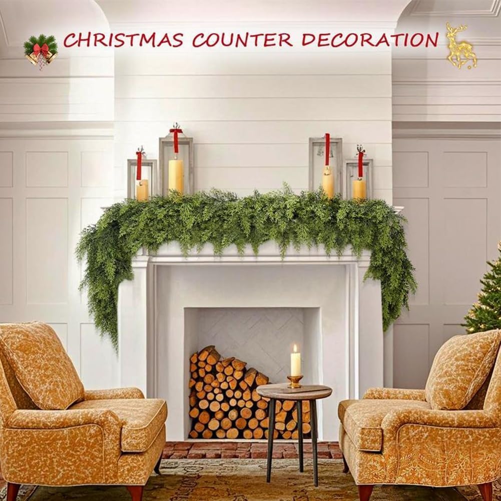 6 Ft Artificial Cedar Garlands – Real Touch Winter Greenery, Realistic Artificial Cedar Tree Christmas Pine Garland Decorations for Table Mantle Wall Indoor Fireplace Holiday Party (5ft, 2)