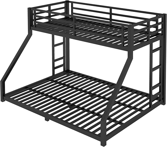 Twin XL Over Queen Bunk Bed Frame with Noise Reduced Design, Heavy Buty Floor Bunk Bed Twin XL Over Queen Bunk Beds with Build in Ladder for Adults, Teens(Black Floor Bunk Bed)