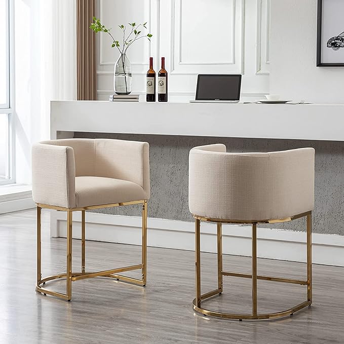 Contemporary Cream Linen Bar Stools Set of 4, 24" Upholstered Fabric Counter Height Barstools Kitchen Counter Island Stools with Golden Metal Base