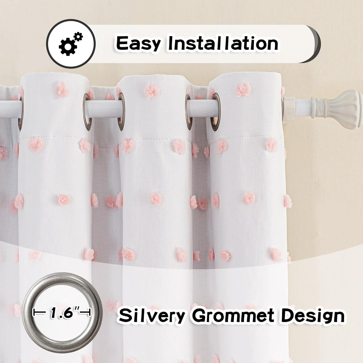 MYSKY HOME 100% Blackout Curtains for Nursery Thermal Insulated Pink Pom Pom Curtains 72 Inch Length for Girls Bedroom 2 Panels Grommet White Sheer Curtains for Kitchen Dining Room Door, 52W x 72L