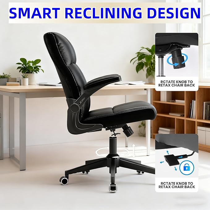 Ergonomic Home Office Desk Chair with Space Saving Flip-Up Arms, 360° Swivel & Reclining Back, High-Back Executive Chair in Soft Faux Leather Chair Multi-Angle from 90° to 135°（Gray）
