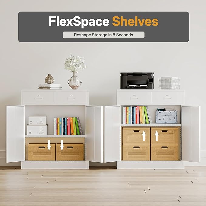 Metal Storage Cabinet with 2 Drawers 36" H,White Metal Garage Cabinets with 2 Lockable Doors and Adjustable Shelves Easy to Assemble for Home Office, Kitchen,Pantry,Garage,Warehouse