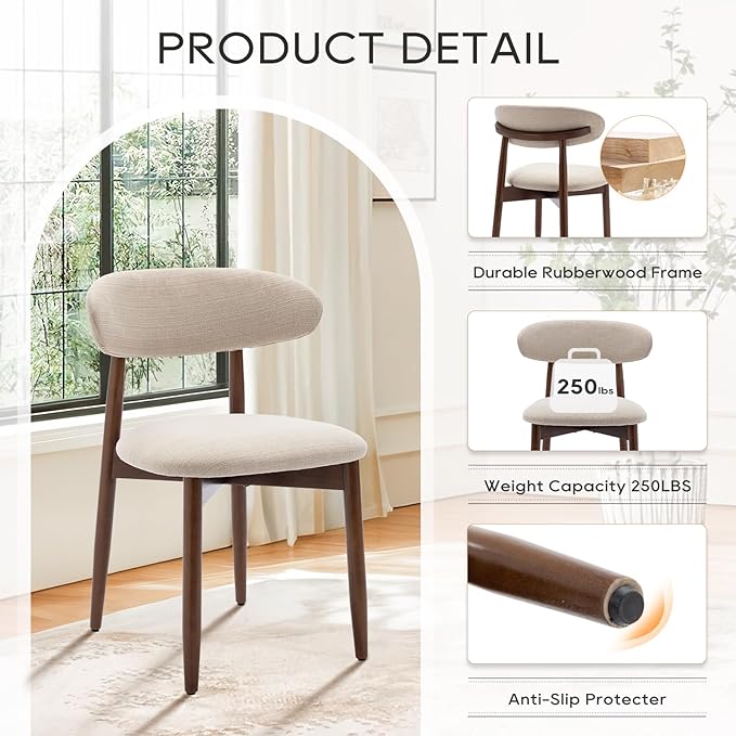 COLAMY Wooden Dining Chairs Set of 4, Modern Fabric Upholstered Kitchen Side Chairs, Farmhouse Dining Room Chairs with Foot Pegs, Beige