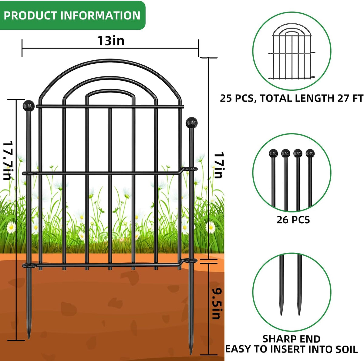 Decorative Garden Fence, 26in(H) x27ft Rustproof Metal No Dig Fence Animal Barrier Fence for Dog Rabbit, Wire Border Panel Fencing for Yard Patio Outdoor Decor 25 Pack