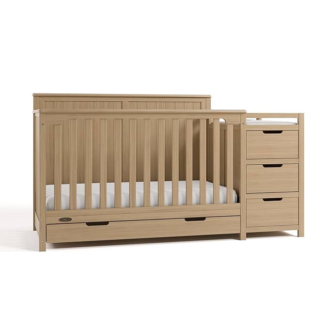 Graco Hadley 5-in-1 Convertible Crib & Changer (Driftwood) – GREENGUARD Gold Certified, Fits Standard Crib Mattress, Converts to Toddler Bed and Full Bed, 4 Adjustable Mattress Heights