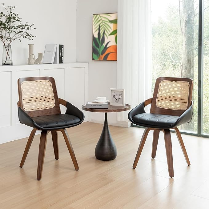 Set of 2 Kitchen & Dining Room Chairs - Swivel Dining Chairs with Cane Back, Walnut Bentwood Frame, Faux Leather Seat, Arms, Versatile for Conference/Kitchen/Restaurant/Living Room (Walnut Black)