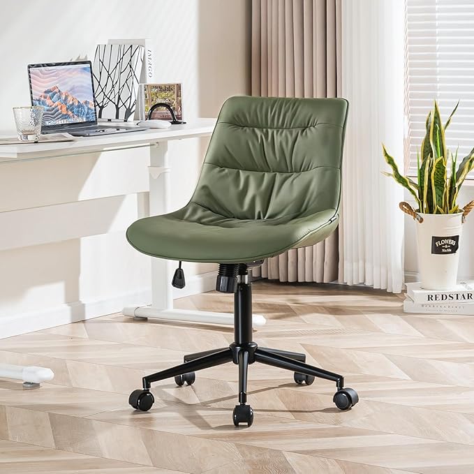 Kidol & Shellder Faux Leather Office Chair, Adjustable Swivel Height Task Chair, Rolling Wheels & Soft Backrest - Armless Ergonomic Desk Chair for Home, Office,Vanity,Gaming（Bean-Green）