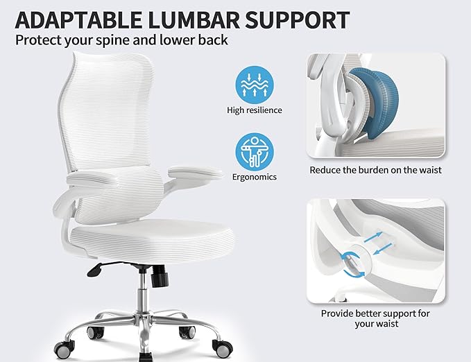 TRALT Ergonomic Office Chair - Desk Chair with Wave High Back Adjustable Lumbar Support Computer Chair - Gaming Chairs Mesh Backrest and PU Leather Seat for Home Reading Chairs to Adults(White)