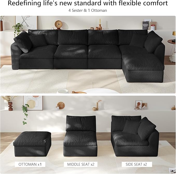 138" Boneless Cloud Couch Modular Sectional Sofa with Deep Seat for Living Room, L Shape Couch with Ottoman, Snowflake Cloth and 40D Memory Sponge，2 Throw Pillows (Black, 4 Seater+1 Ottoman)