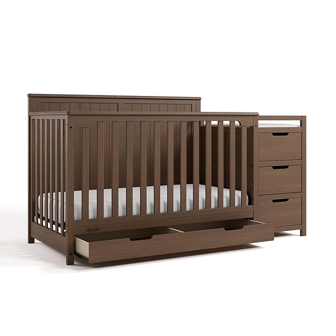 Graco Hadley 5-in-1 Convertible Crib & Changer (Hazelnut) – GREENGUARD Gold Certified, Fits Standard Crib Mattress, Converts to Toddler Bed and Full Bed, 4 Adjustable Mattress Heights