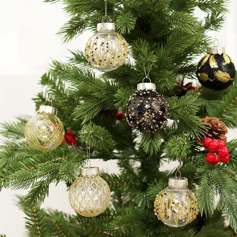 25PCS Christmas Ornaments Set, 2.36"/6CM Clear Plastic Shatterproof Christmas Ball Hanging Ornaments for Xmas Tree Decorations, for Indoor Home Party Holiday Decor - Black/Gold.