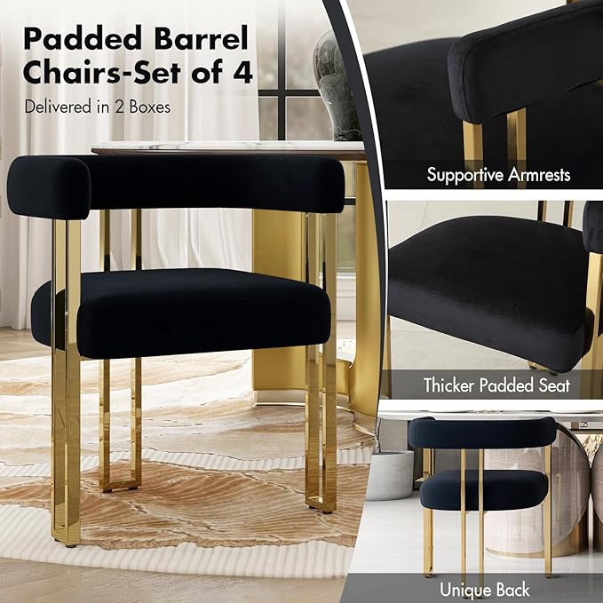 Set of 4 Black and Gold Modern Dining Chairs, Velvet Upholstered Barrel Armchairs with Metal Legs for Kitchen Island, Mid Century Accent Chairs for Dining Room Living Room, Open-Back