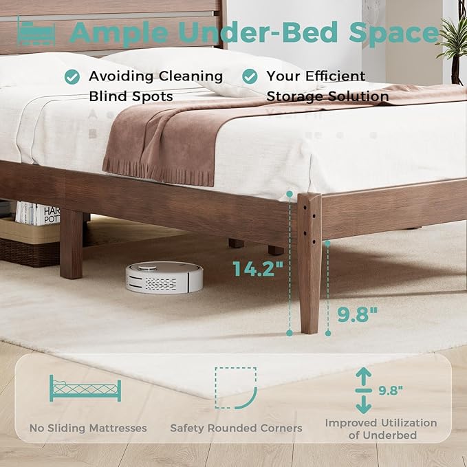Twin Bed Frame with Ladder Headboard, Malaysian Oak Platform Bed, Modern Malaysian Oak Bed Frames with Wood Foundation, No Box Spring Needed, Easy Installation, Twin Size, Antique Espresso