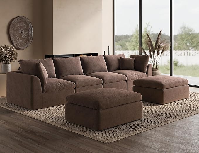 Oversized Cloud Sectional Couches for Living Room, Boneless U Shaped Couch with Ottoman, 4 Seater Modular Sectional Sofa, Brown