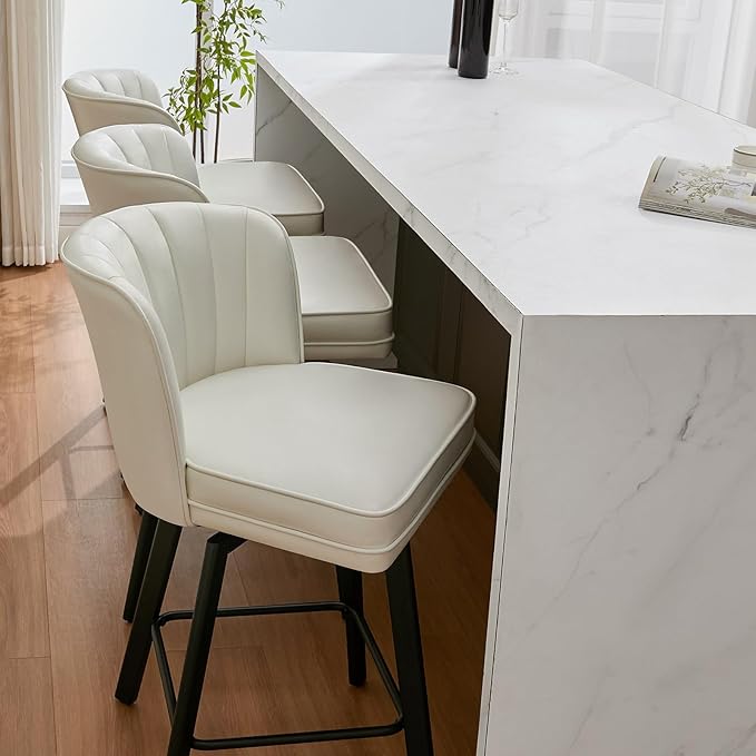 Swivel Counter Height Bar Stools Set of 4, 26'' Modern Barstools with Backs and Metal Legs, Upholstered Bar Chairs, Faux Leather White Stools for Kitchen Island Chairs