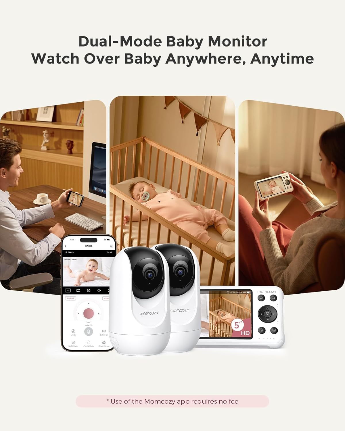 Momcozy BM04 Smart WiFi Baby Monitor with 2 Cameras, 5’’ 1080P Split Screen Video Baby Monitor with Camera and Audio, Clear Night Vision, 5000mAh Battery, 2-Way Audio