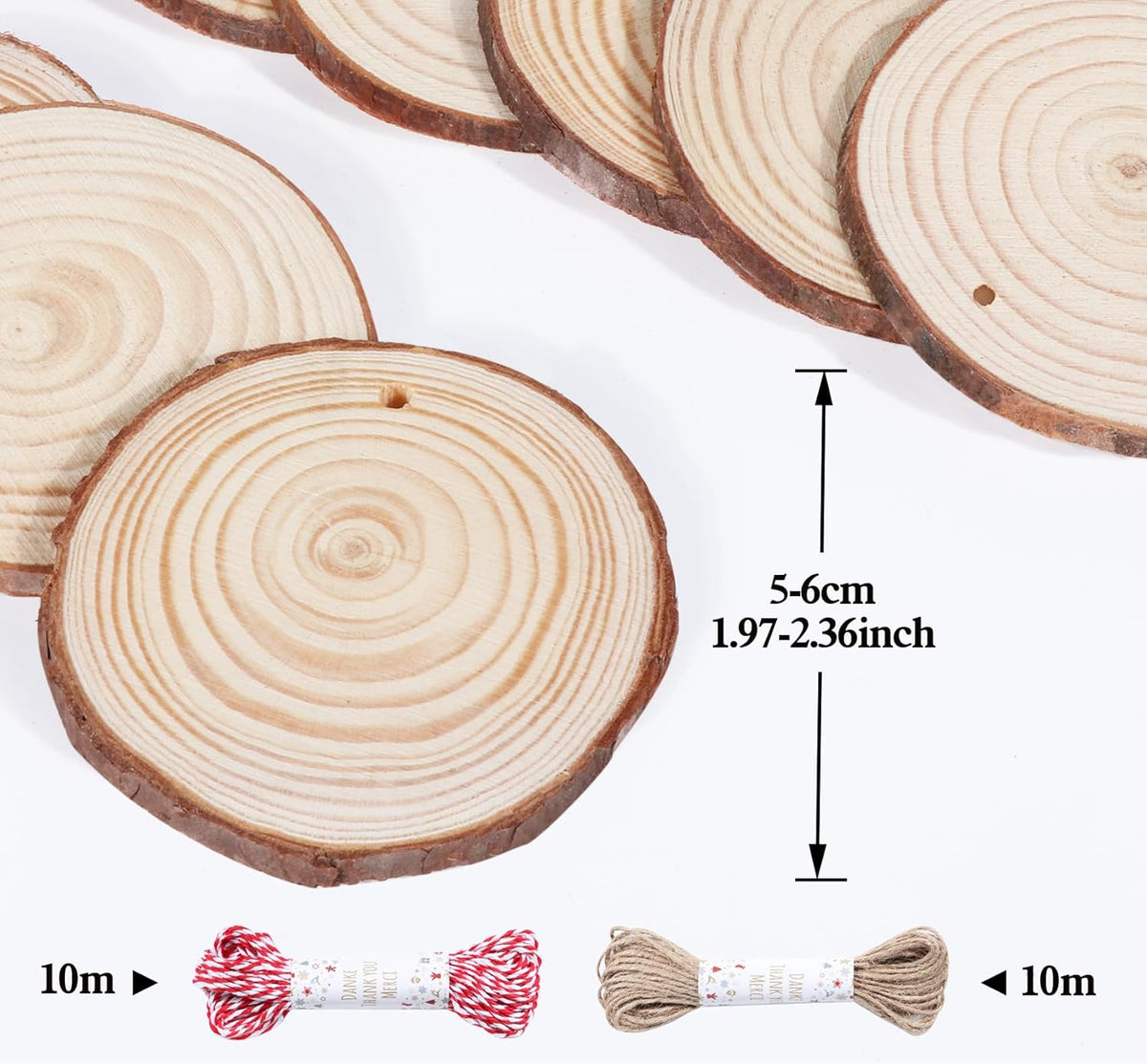 30 Pcs Wood Slices For Crafts, 1.7"-2.3” Pre-Drilled Holes Wood Rounds, 66 Feet Twine String, Wooden Circles For Crafts Burning Painting Diy Crafts Christmas Wedding Party Wedding Decor Party