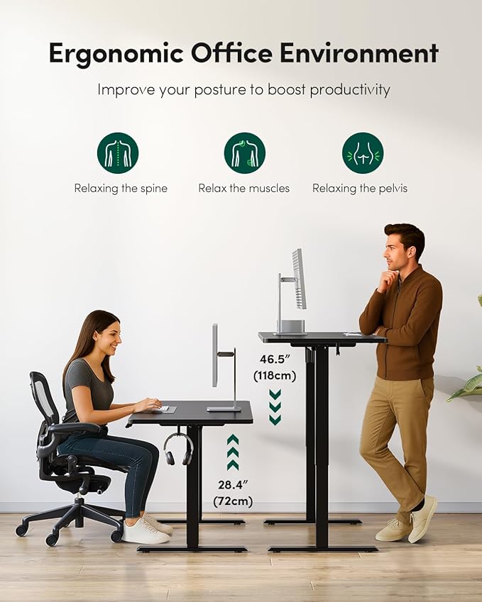 FEZIBO One-Piece Standing Desk Adjustable Height Stand up Home Office Desk, 55x24 Inch Electric Standing Computer Desk, with 4 Memory Presets, Headphone Hook, Black