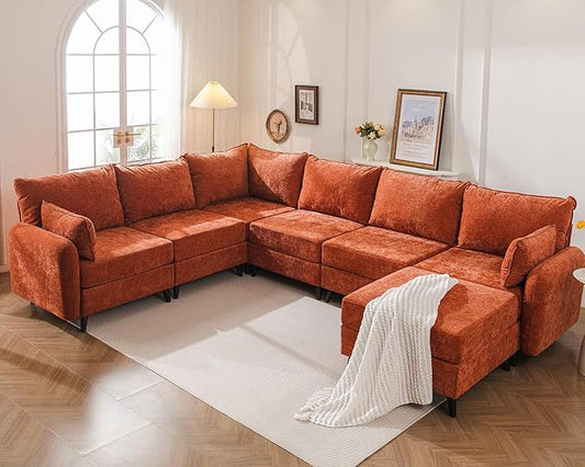 135'' Modular Sectional Sofa with Storage Seat,Oversized U Shaped Couch with Ottoman,7 Seater Couches for Living Room,Bedroom,Velet,Orange