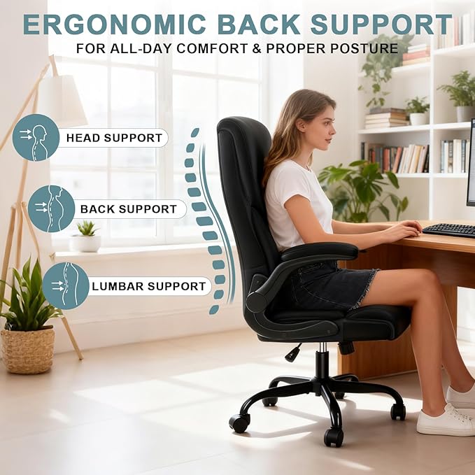 Executive Office Chair, High Back Ergonomic Comfy Desk Chair with Padded Flip-up Armrests and Wheels, PU Leather Heavy Duty Computer Swivel Rolling Task Chair for Home Office, Adults, Black