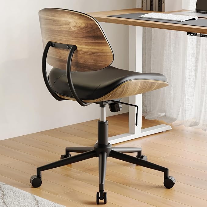 Armless Office Chair with Wheels, PU Leather Adjustable Height Desk Chair - 360° Swivel Ergonomic Computer Chair for Small Space, Modern Walnut Style, Home & Meeting Room, Black