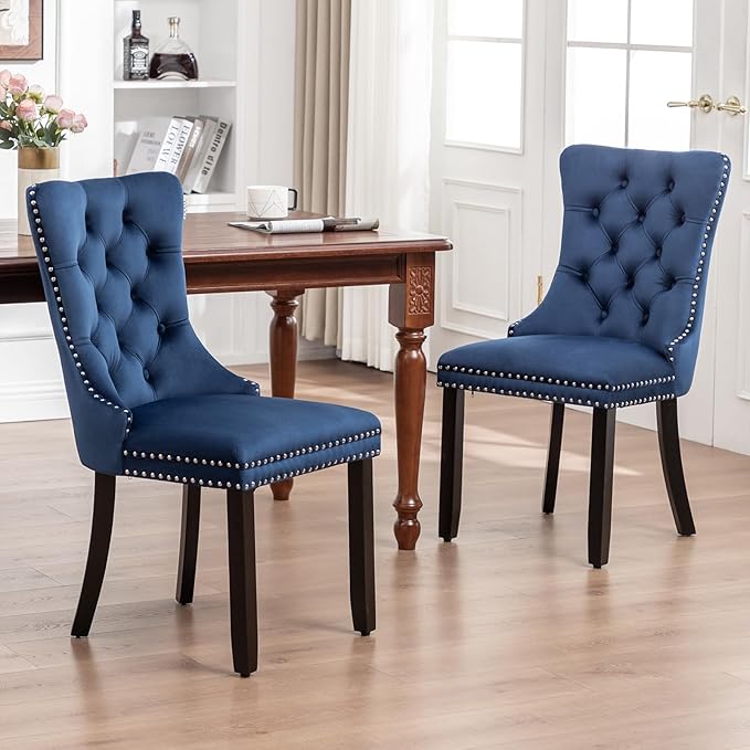 Velvet Dining Chairs Set of 4, Upholstered Dining Room Chairs with Nailhead Ring Pull Trim, Button Tufted Wing Back Chairs for Dining with Solid Wood Legs for Kitchen Dining Room(Blue)